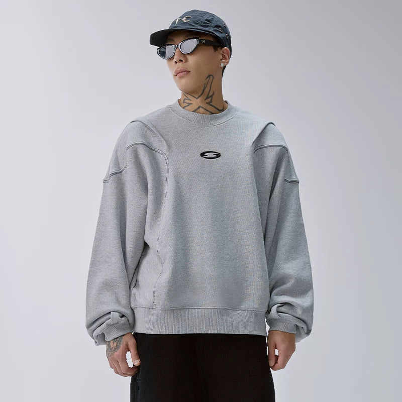 F2CE trendy round neck solid color heavyweight hoodie loose and wide embroidered logo patchwork pleated men's autumn and winter top