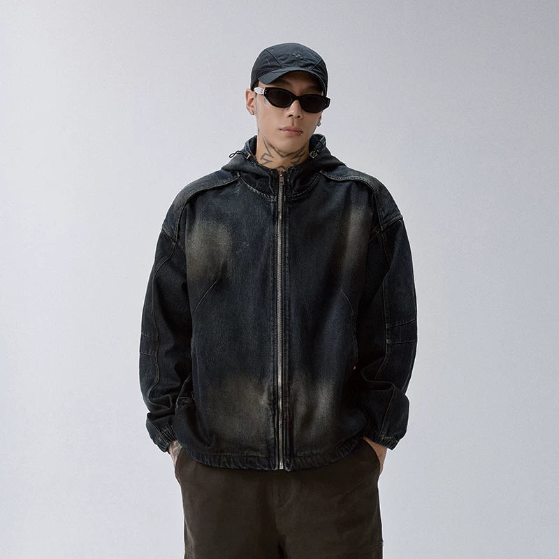 F2CE heavy-duty vintage washed denim jacket deconstruction splicing mud dyed hooded loose casual autumn and winter jacket cardigan