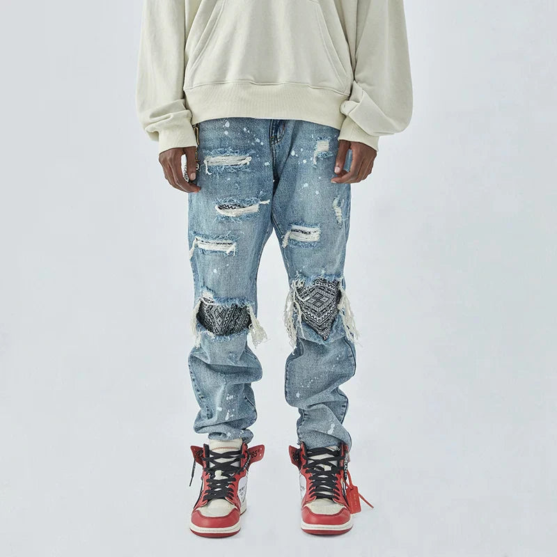 F2CE ripped pants washed with water to make old, cashew flower patch fabric replaced, loose men's spring and autumn straight leg trendy brand jeans
