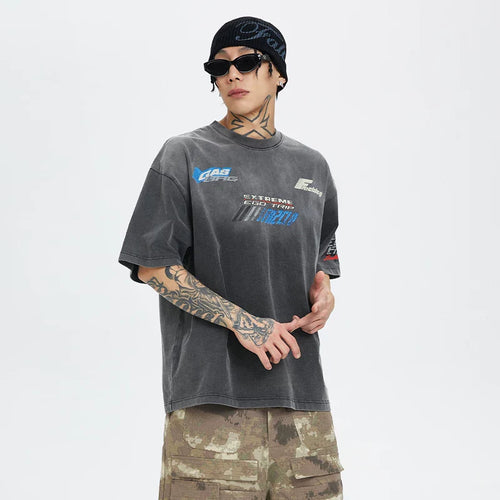 F2CE American washed gradient vintage racing style cracked letter print loose heavyweight short sleeved t-shirt for men and women