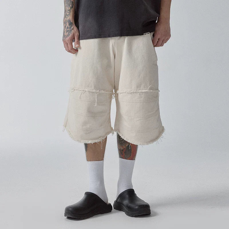 F2CE trendy spliced knee high shorts with loose silhouette, curved edge, high street, Vibe casual versatile cropped pants