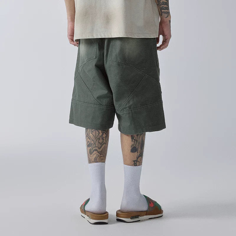 F2CE vintage loose trendy shorts American high street men's summer pocket wide leg workwear washed gradient cropped pants