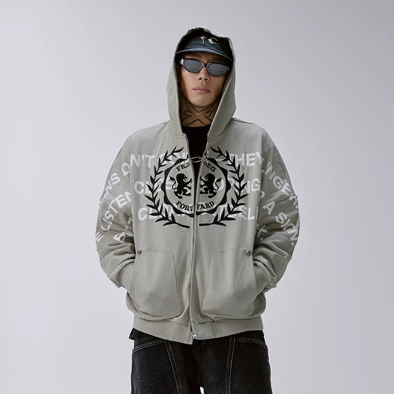 F2CE Trendy Heavy Hoodie Loose Wide Embroidered Printed Zipper cardigan Men's Autumn/Winter Casual Hoodie