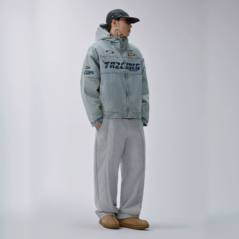 F2CE American retro denim cotton jacket washed and worn loose casual embroidered hooded cardigan jacket trendy cotton jacket