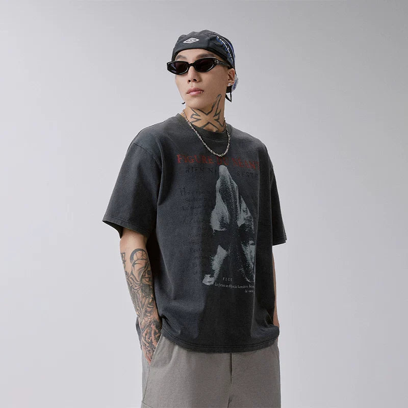 FCE Men's Heavyweight Vintage Washed Graphic T-Shirt, American Retro Streetwear Oversized Casual Tee