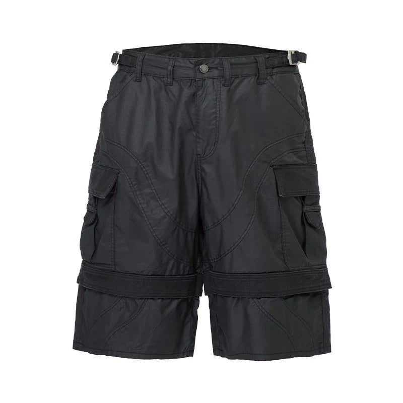 F2CE wax coated workwear knee length shorts, dark and loose silhouette high street Vibe versatile multi pocket cropped pants
