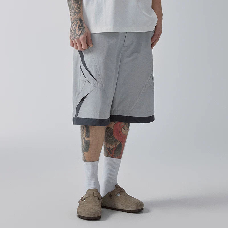 F2CE American style trendy spliced hollow out contrasting color casual shorts for men in summer, loose fit five extension shorts, athletic and breathable