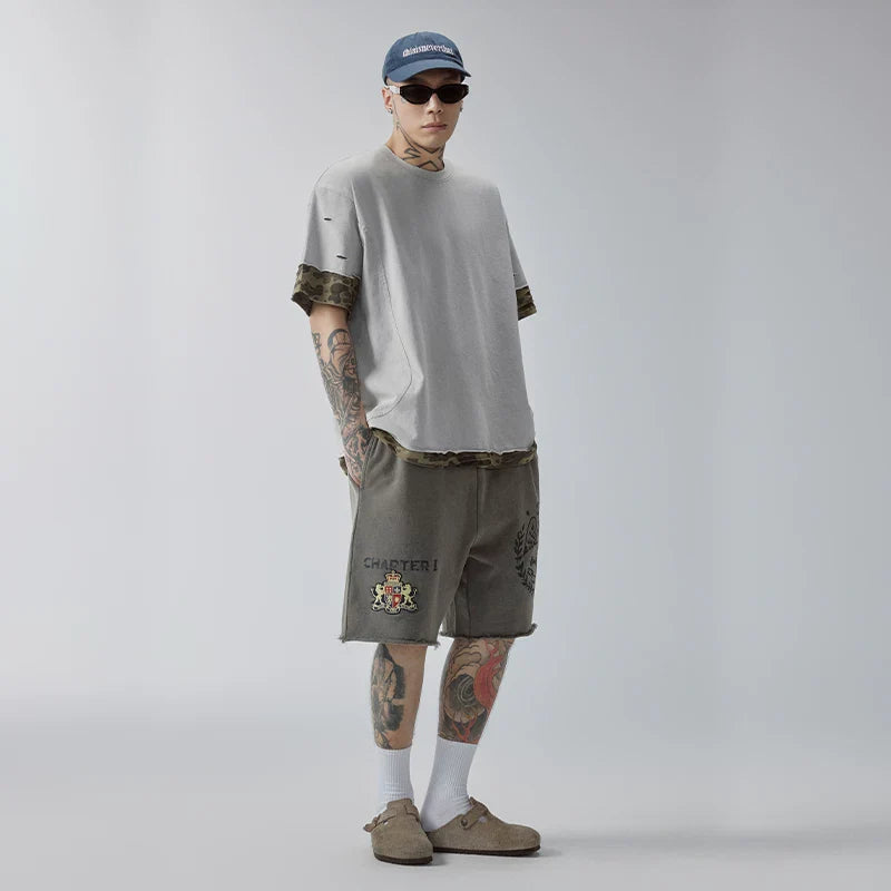 F2CE Trendy Loose Washed Outdated Printed Stamp Hairy Casual Versatile Shorts Men's Beach Pants Pentagram Pants