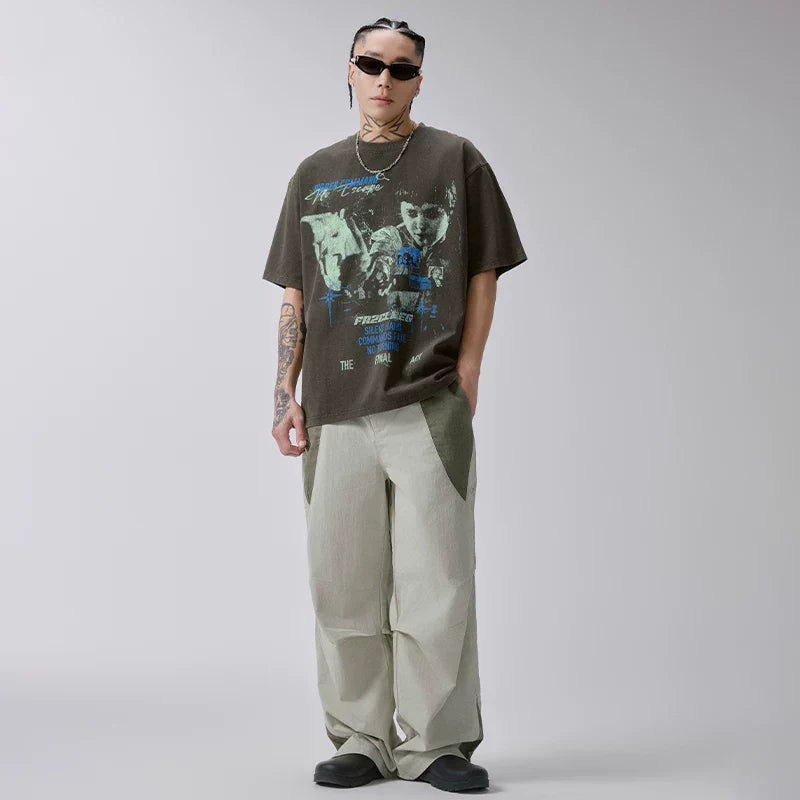 FCE Men's Heavyweight Vintage Washed Graphic T-Shirt, American Retro Streetwear Oversized Casual Short Sleeve Tee