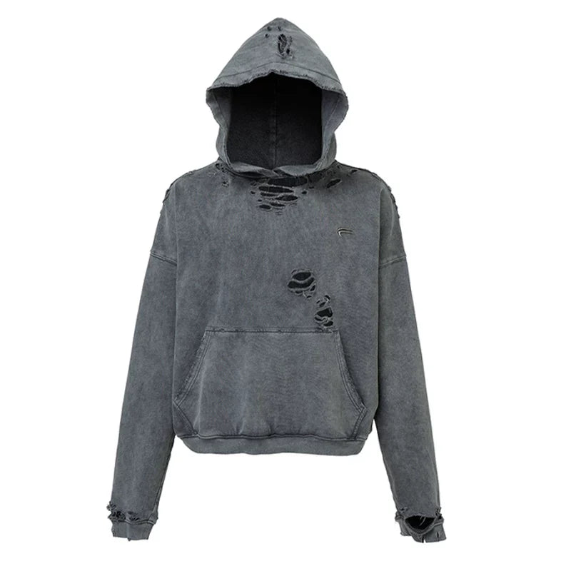 F2CE vintage solid color worn loose wide basic versatile hooded sweatshirt with metal logo collision casual hoodie trend