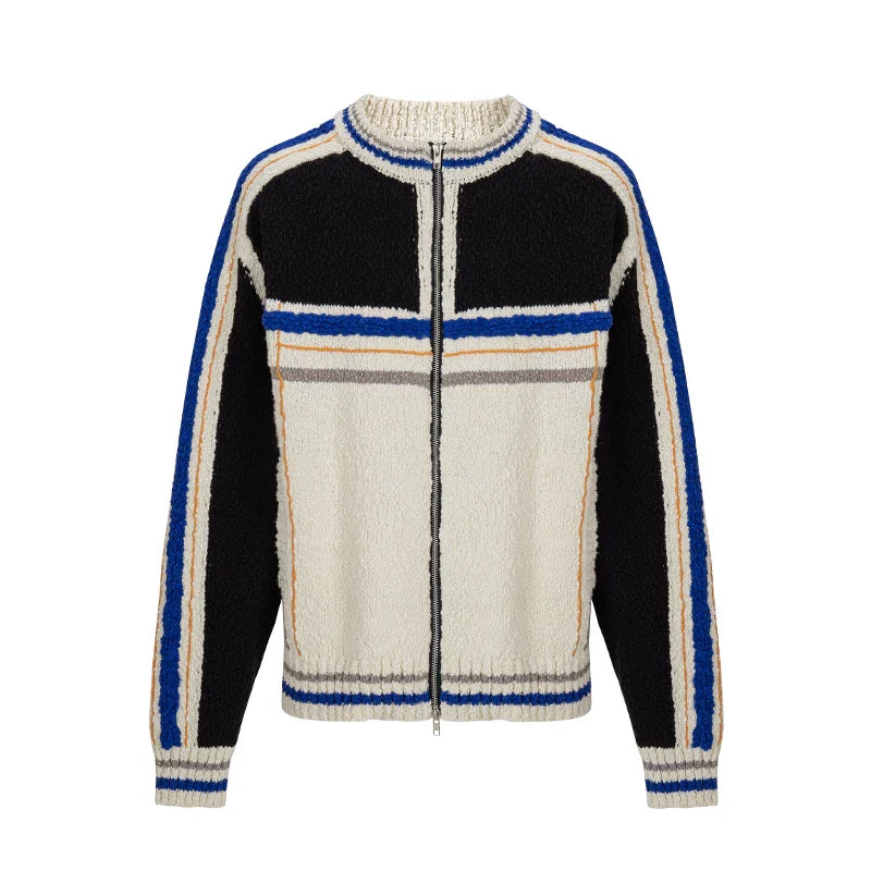 F2CE trendy patchwork contrasting couple sweater lazy cardigan warm and loose casual knit sweater zipper jacket