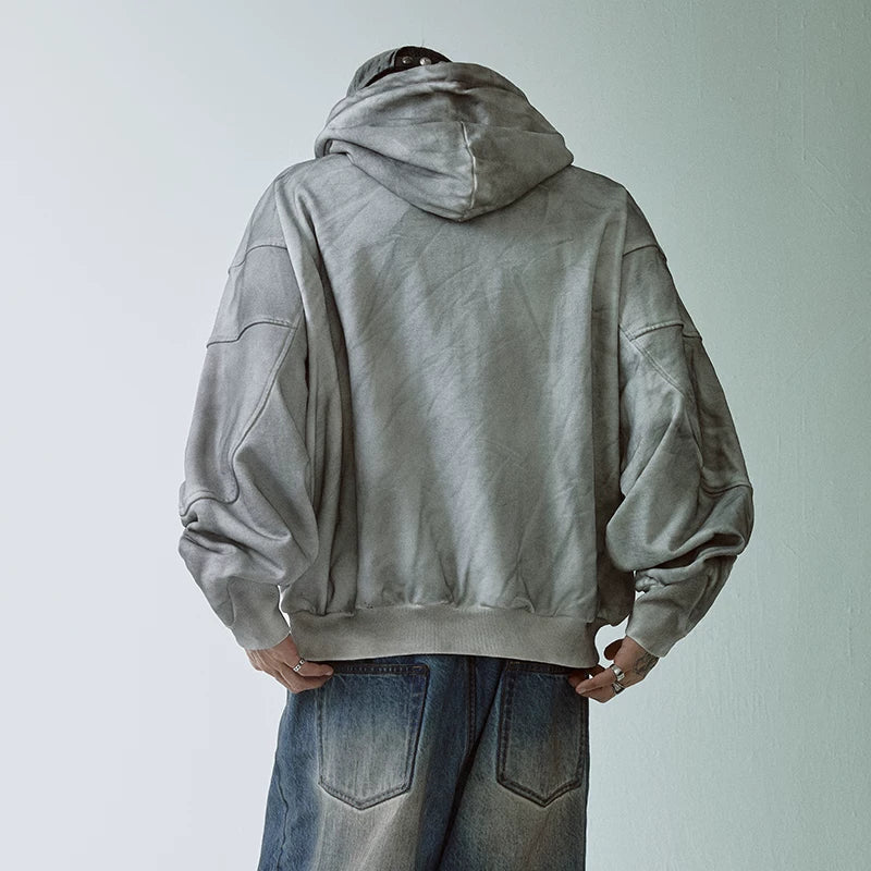 F2CE trendy loose wide loop cotton dirty dye printed dark hooded sweatshirt for men and women couple hoodie
