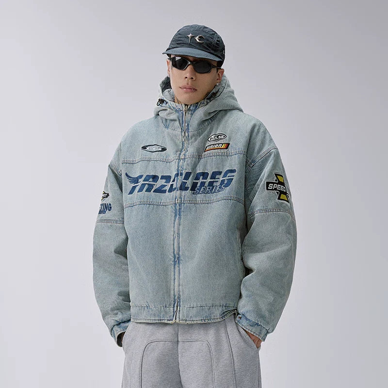 F2CE American retro denim cotton jacket washed and worn loose casual embroidered hooded cardigan jacket trendy cotton jacket