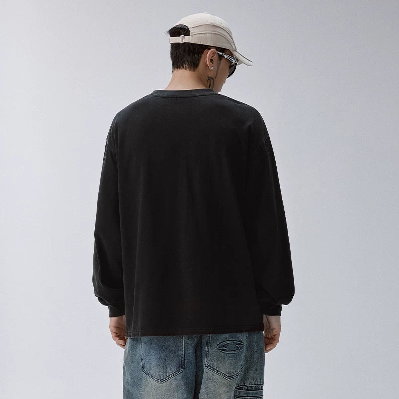 F2CE American washed vintage dark print loose heavyweight long sleeved T-shirt trendy men's and women's round neck base shirt