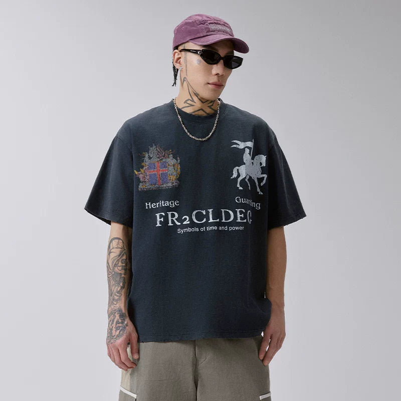 F2CE Heavy American Retro Trendy Badge Printed Wear Out T-shirt Summer Men's Loose Casual Couple Short Sleeve Half Sleeve