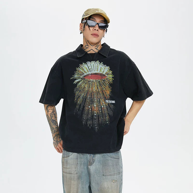 F2CE Heavyweight Washed Old POLO Shirt American Retro High Street Printed Couple T-shirt Summer Loose Casual Short Sleeve