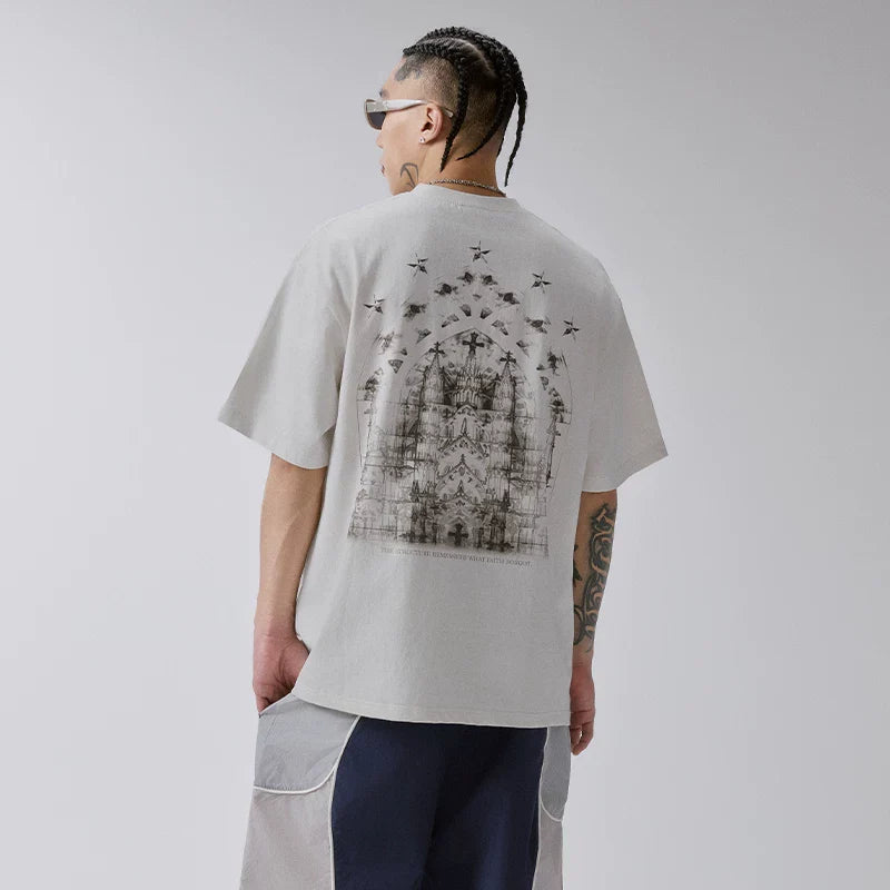 F2CE Dark Gothic Church Printed Short Sleeve American High Street silhouette Summer Tide Brand Off Shoulder Sleeve Casual Loose T-shirt