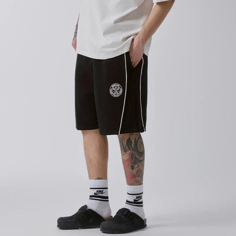 F2CE American style retro college emblem sports shorts black pure cotton side striped loose casual pants