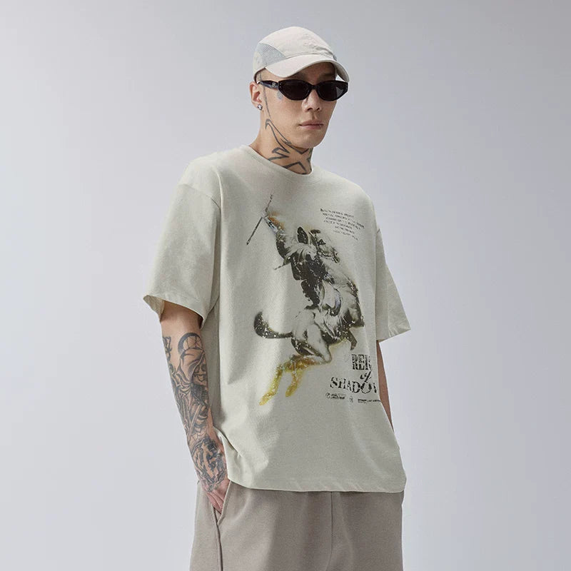 FCE American retro knight print Vintage round neck short sleeved loose and trendy high street casual t-shirt for men and women