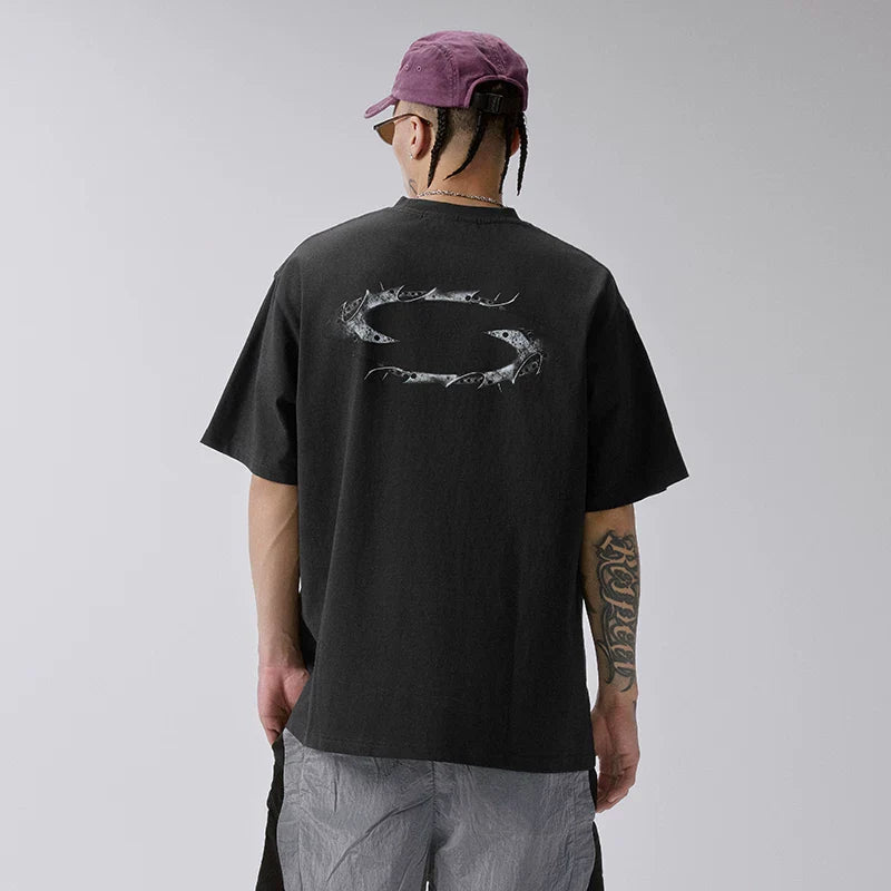 F2CE Heavy duty Washed Vintage American Trendy Metal Logo Printed T-shirt High Street Summer Loose Casual Short Sleeve