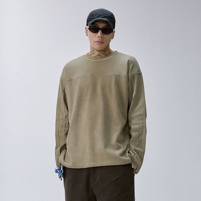 F2CE waste soil wind old dirty dyeing machine with rough edges long sleeved deconstruction splicing trendy high street loose men's and women's base shirts