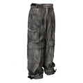 F2CE distressed dyed symmetrical loose silhouette straight tube multi pocket wide leg workwear pants dark trendy casual pants for men