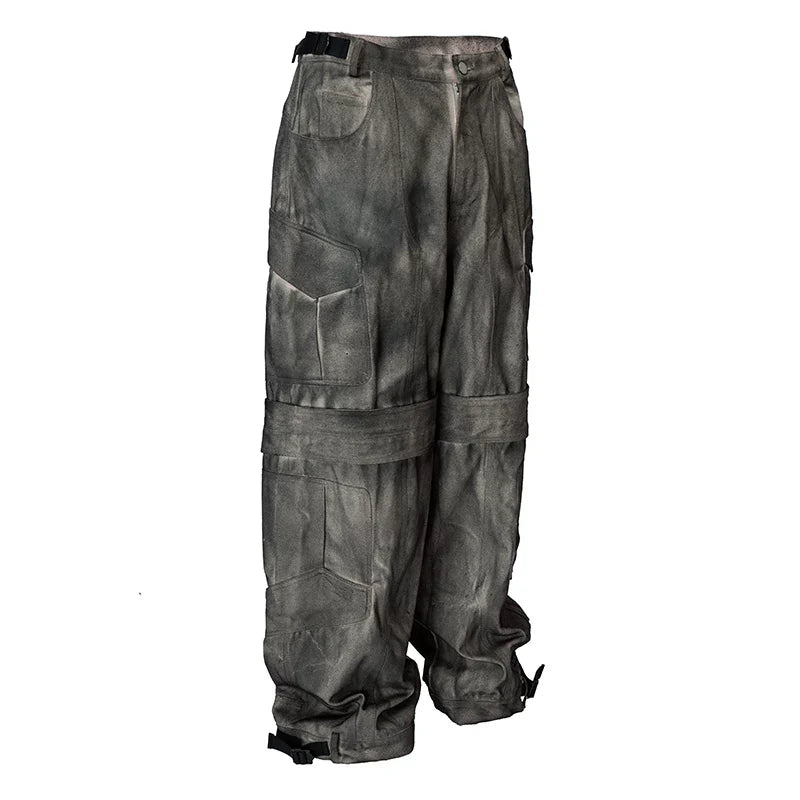 F2CE distressed dyed symmetrical loose silhouette straight tube multi pocket wide leg workwear pants dark trendy casual pants for men