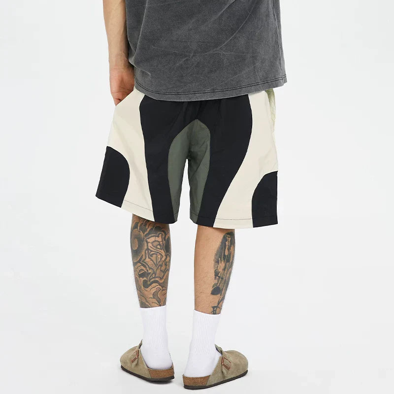 F2CE American style trendy spliced contrasting nylon shorts for men in summer, loose and casual five point basketball pants, sports breathable