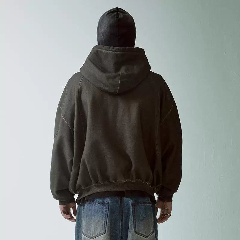 F2CE vintage dyed solid color functional hooded cardigan with fleece hoodie, loose deconstruction zipper casual jacket, trendy men