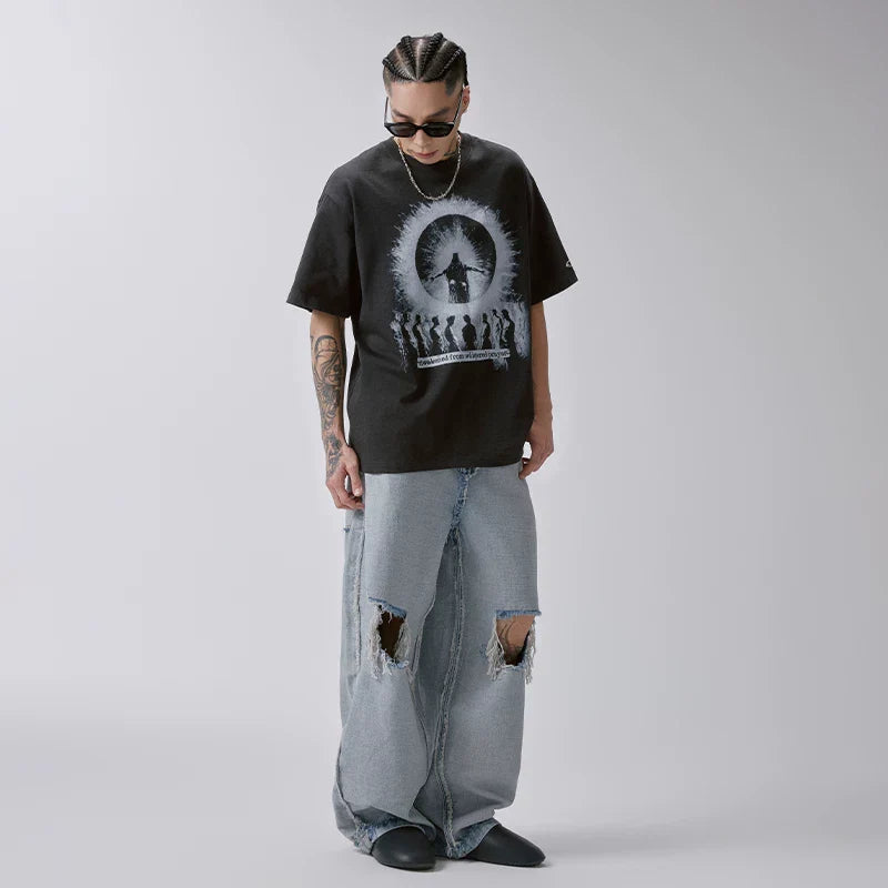 F2CE American high street dark style T-shirt silhouette prayer character print oversized loose casual short sleeved men
