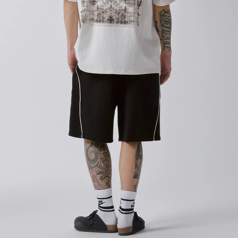 F2CE American style retro college emblem sports shorts black pure cotton side striped loose casual pants