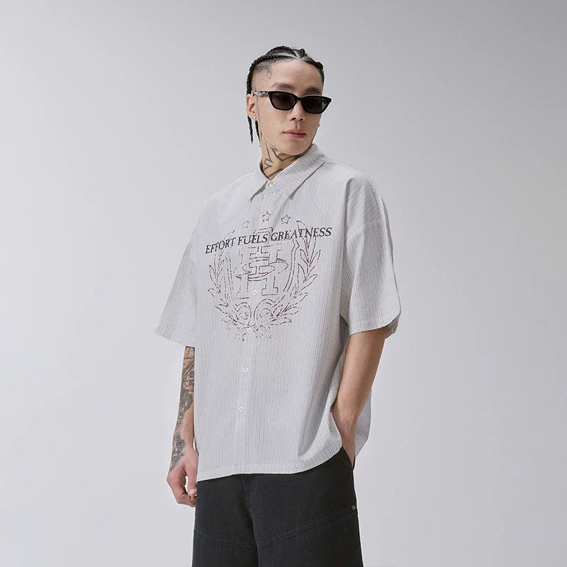 F2CE summer vertical striped short sleeved shirt men's heavyweight printed shirt pure cotton versatile half sleeved loose casual jacket
