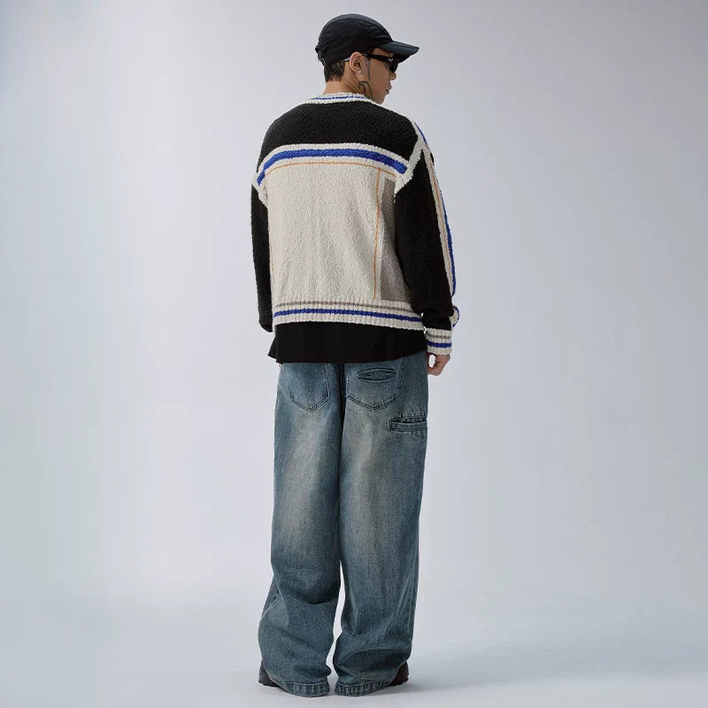 F2CE American street wash, vintage and fake, two pieces of double waist stacked jeans, men's loose straight leg wide leg casual pants