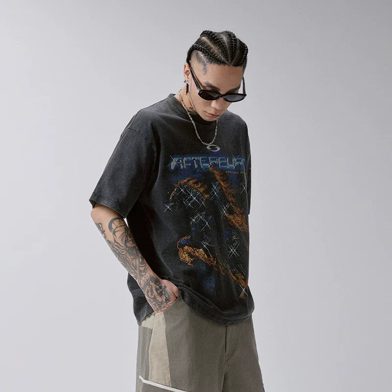 F2CE Heavy duty Washed Used T-shirt American Trendy Retro High Street Printed Couple Summer Loose Casual Short Sleeve