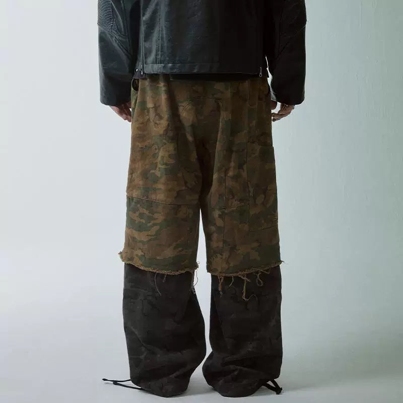 F2CE Trendy Casual Pants Splicing to Make Old Loose Vibe Camo Pants Waste Soil Washed Damaged Double Layer Stacked Pants