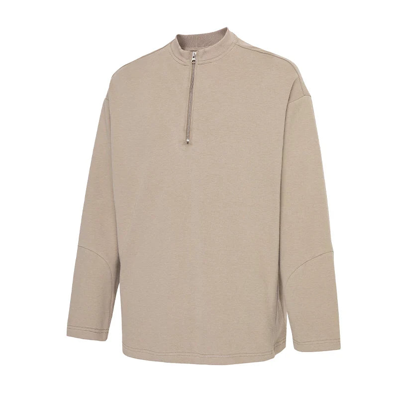 F2CE heavyweight basic solid color small stand up collar zipper long sleeved base T cotton American retro casual men's top autumn