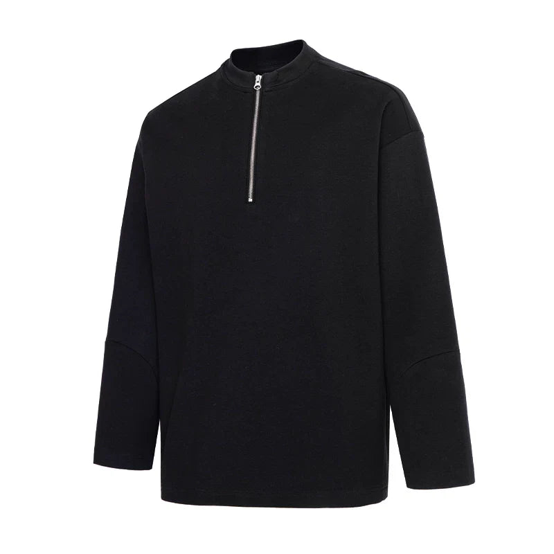 F2CE heavyweight basic solid color small stand up collar zipper long sleeved base T cotton American retro casual men's top autumn