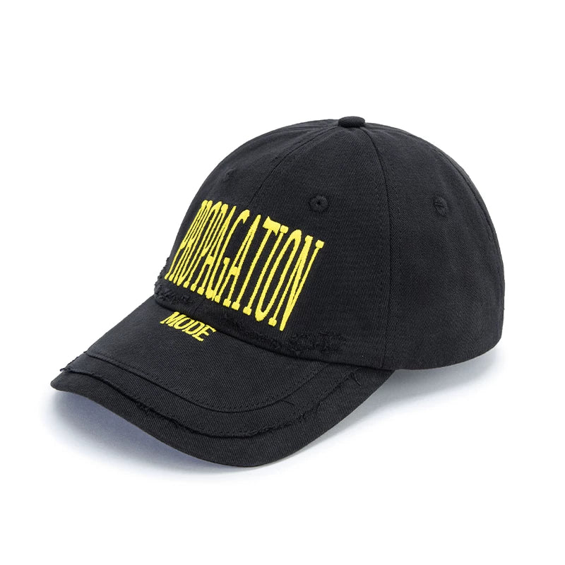 F2CE worn-out embroidered trendy splicing deconstruction baseball cap soft top retro black duckbill hat adjustable for men and women