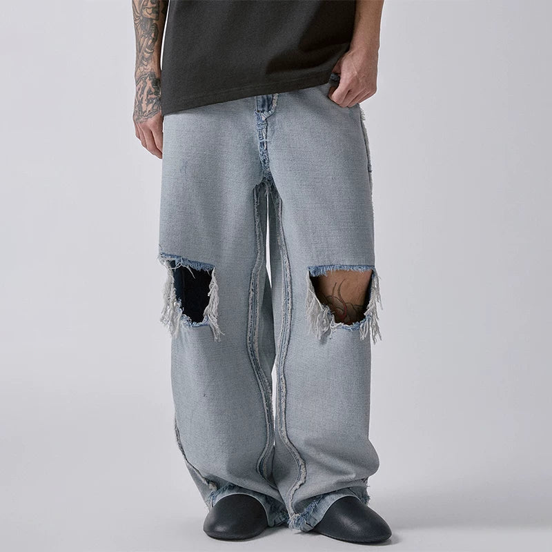 F2CE Retro Washed Outdated Anti Piercing Jeans for Men, Loose Straight Tube, Bare Haired Wide Legs, Casual Pants