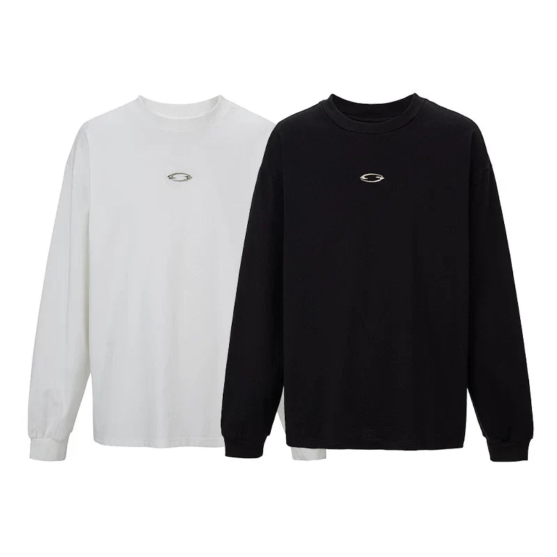 F2CE American style trendy metal logo loose heavyweight long sleeved T-shirt men's and women's round neck versatile top base shirt