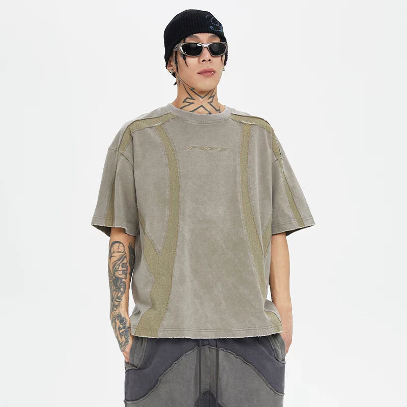 FCE waste soil wind old function burr destruction short sleeved deconstruction splicing color collision trendy high street loose men's and women's T-shirts