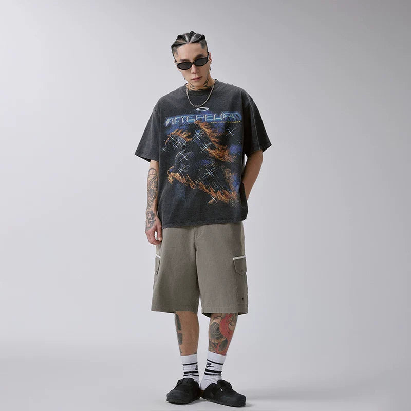 F2CE Heavy duty Washed Used T-shirt American Trendy Retro High Street Printed Couple Summer Loose Casual Short Sleeve