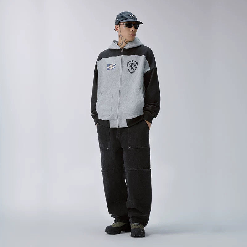 F2CE American high street cardigan patchwork contrasting hooded sweatshirt, men's and women's loose casual versatile printed hoodie jacket