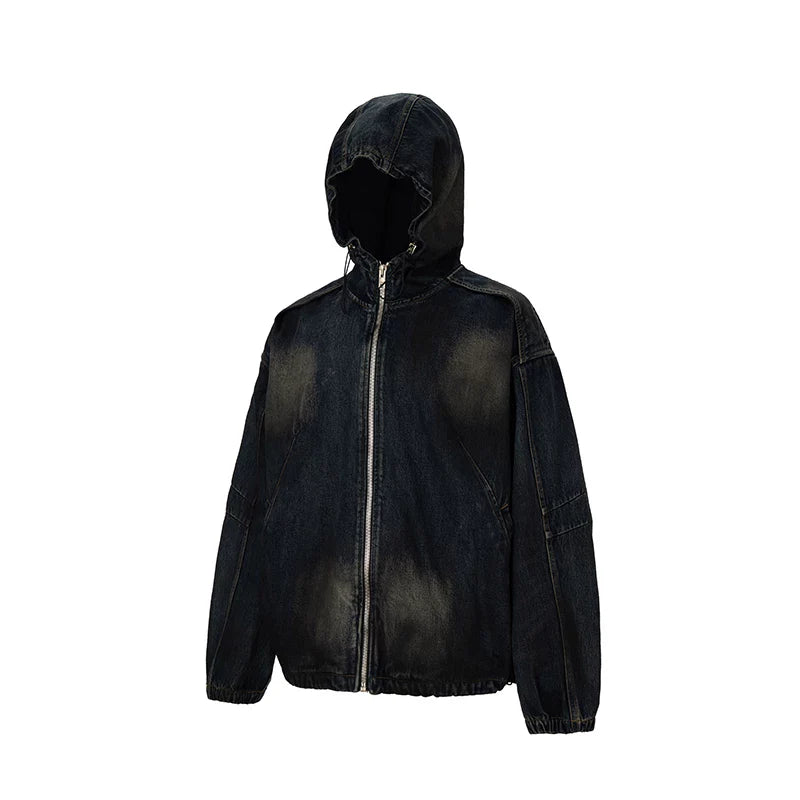 F2CE heavy-duty vintage washed denim jacket deconstruction splicing mud dyed hooded loose casual autumn and winter jacket cardigan