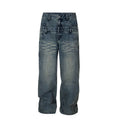 F2CE American street wash, vintage and fake, two pieces of double waist stacked jeans, men's loose straight leg wide leg casual pants