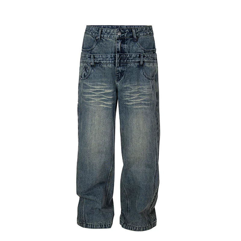 F2CE American street wash, vintage and fake, two pieces of double waist stacked jeans, men's loose straight leg wide leg casual pants