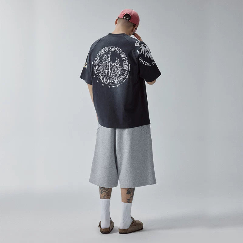 F2CE loose heavyweight basic splicing shorts American trend cropped pants high street Vibe looped casual pants men