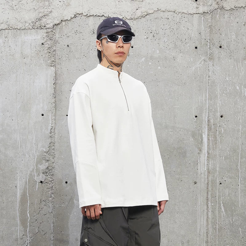 F2CE heavyweight basic solid color small stand up collar zipper long sleeved base T cotton American retro casual men's top autumn