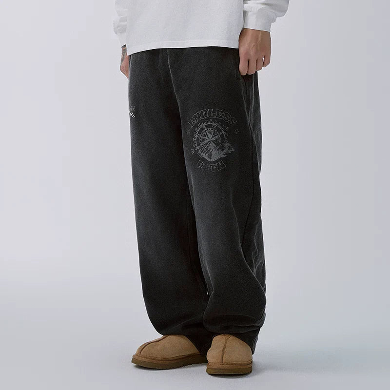 F2CE heavy-duty washed water distressed printed sweatpants for men, loose straight leg wide style trendy casual pants